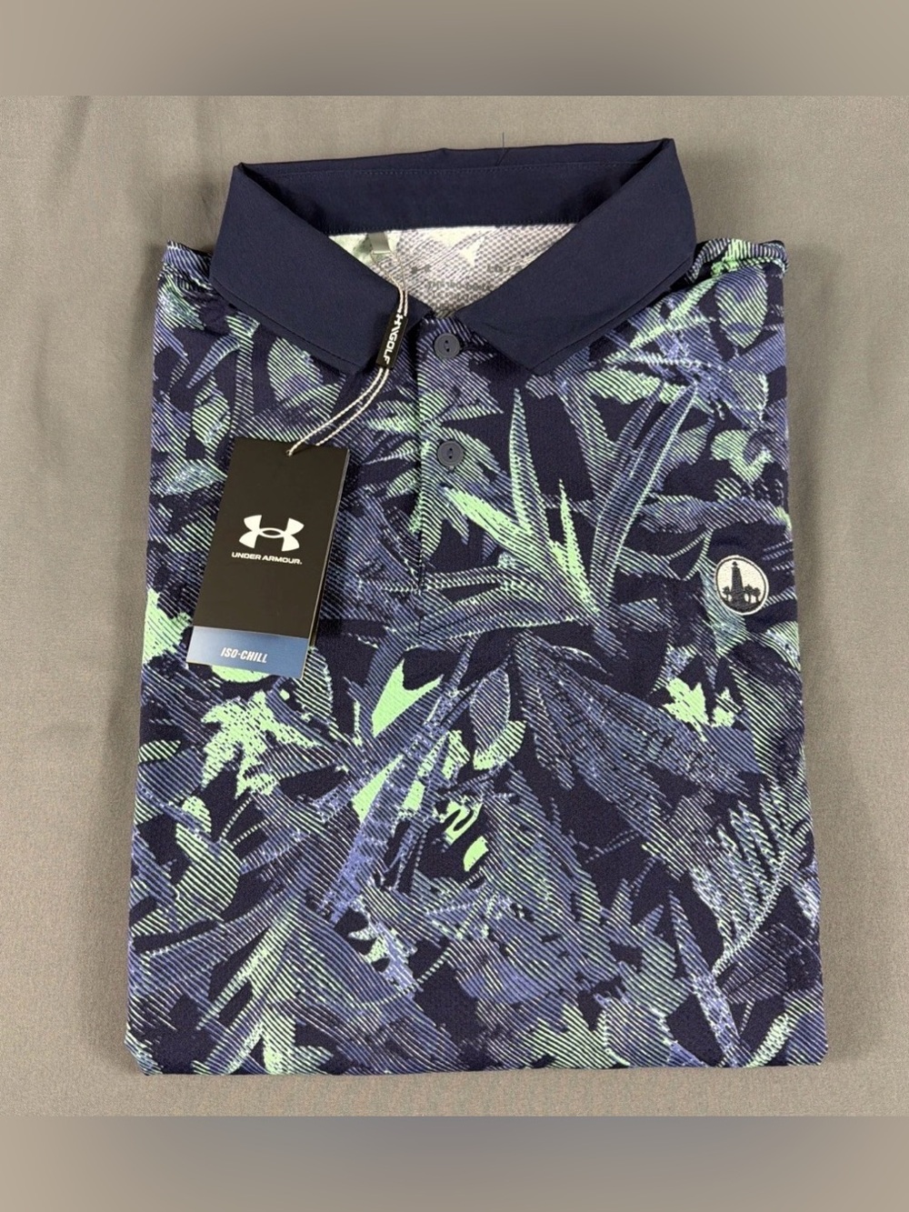 Under Armour Golf Shirt Polo Chest Logo Iso Chill Printed Large Navy MC MSRP $80